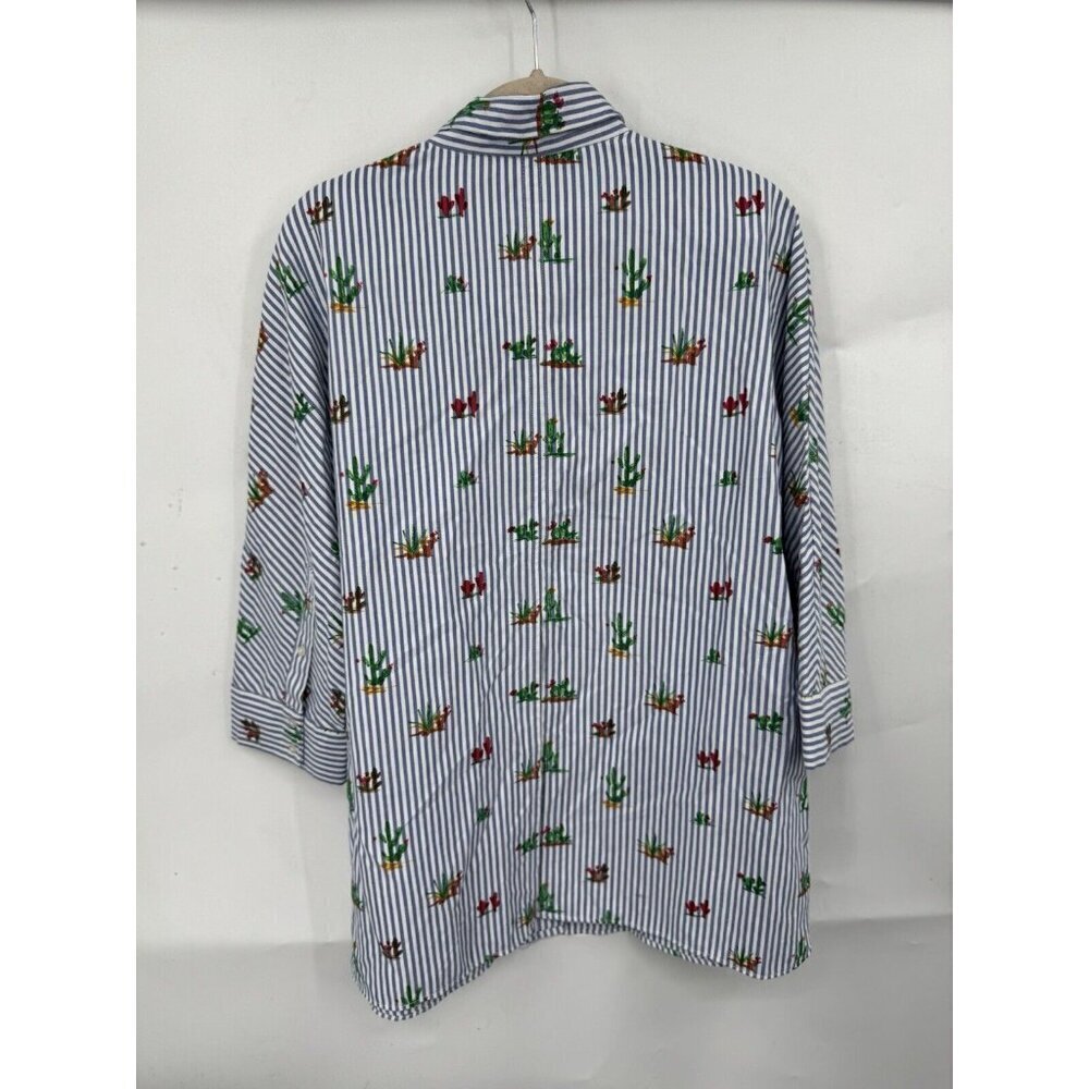 Zara Trafaluc Shirt Women XS Blue Striped Button Front Novelty Cactus Print - Picture 3 of 8